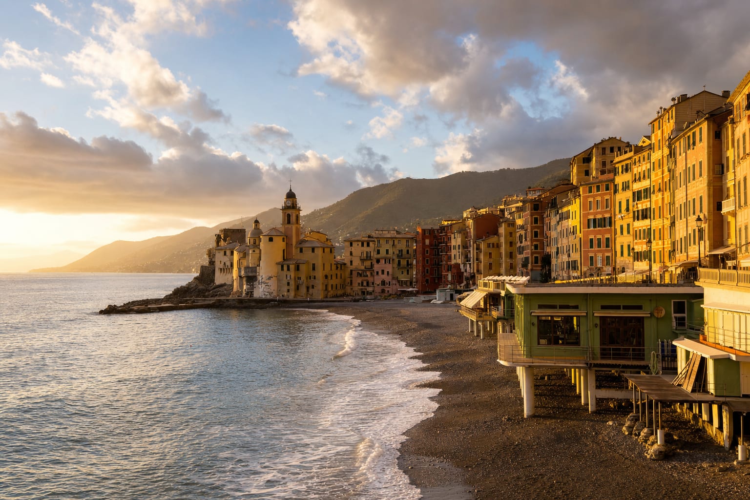 Camogli's tall painted seafront curving along its dark-sand beach