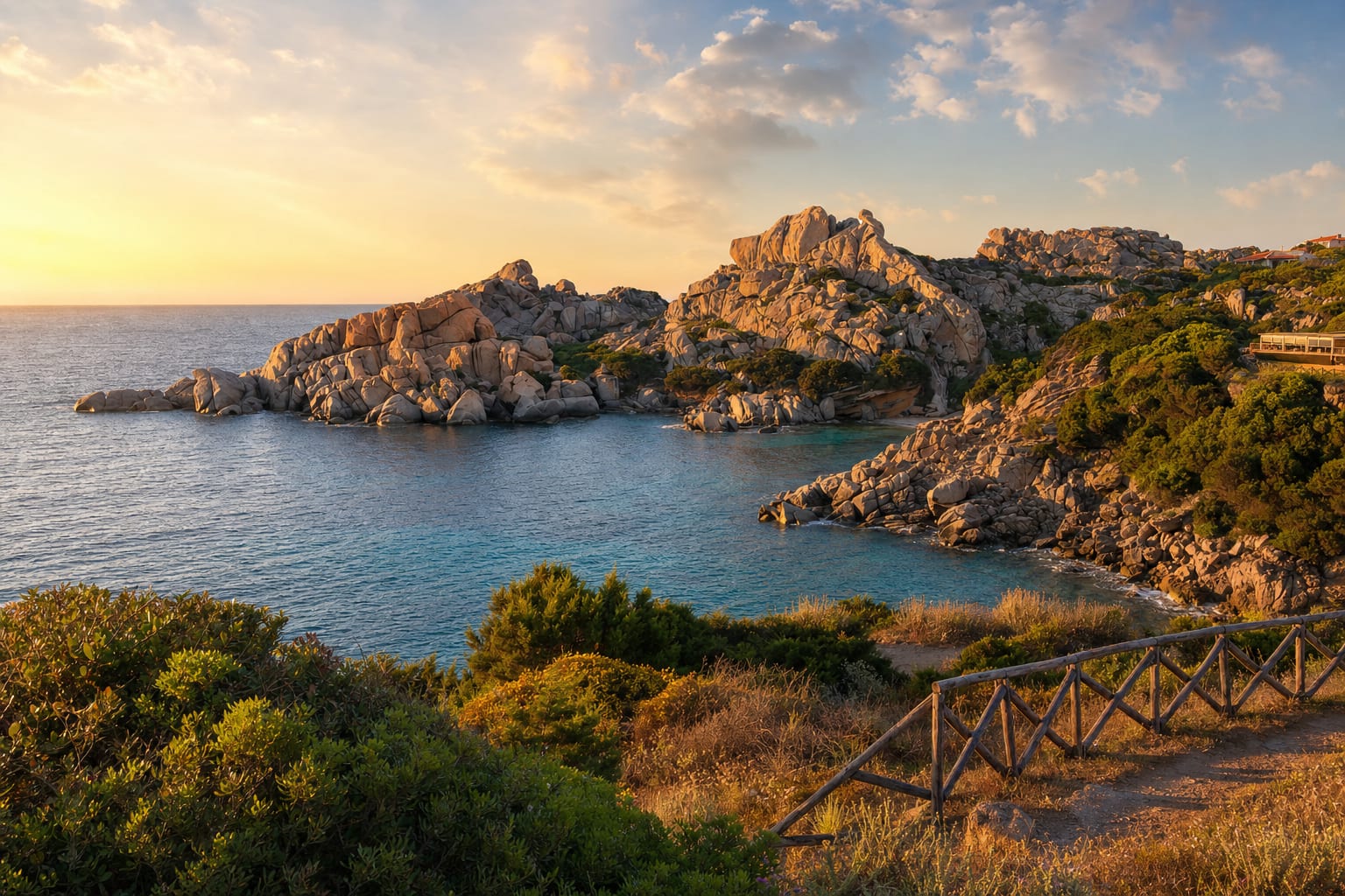 Wind-carved granite coves at Capo Testa, Corsica beyond the strait