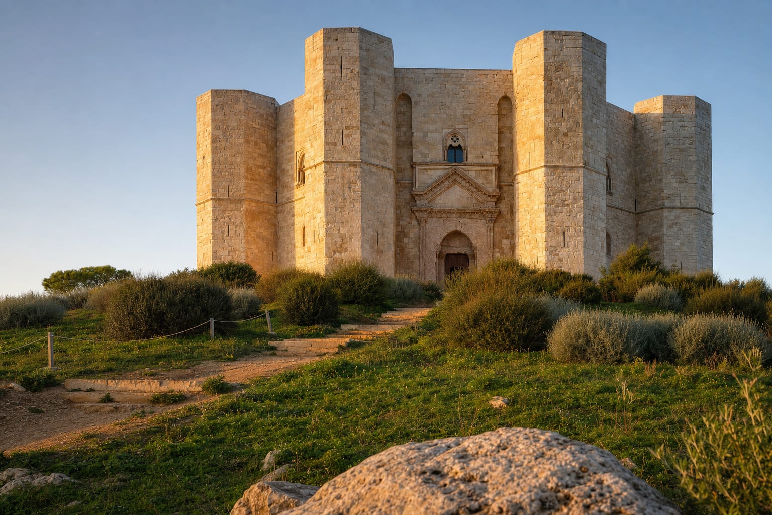 Castel del Monte's octagonal crown on its Murgia hilltop at golden hour