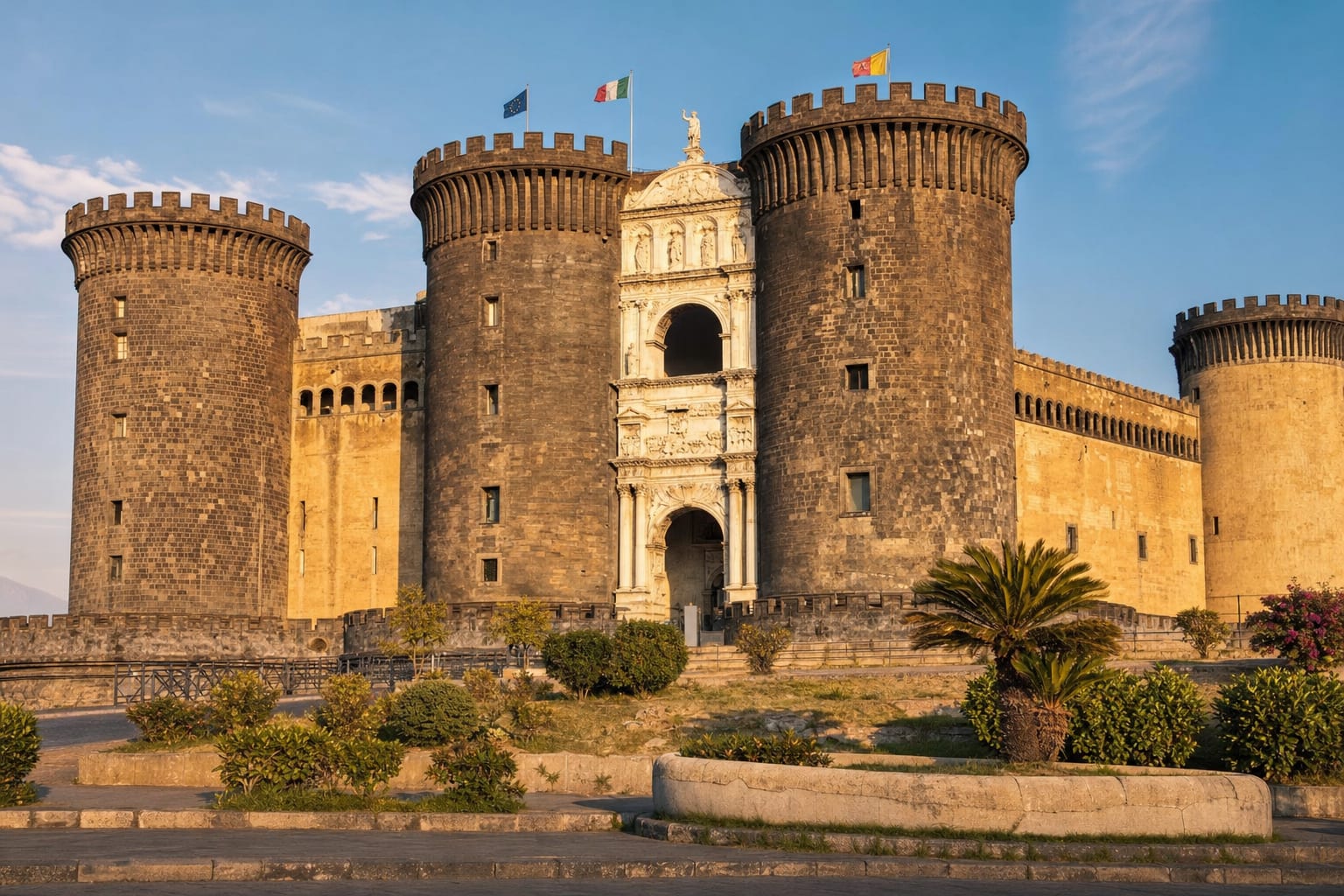 Castel Nuovo's dark towers framing the white Aragonese arch, Naples