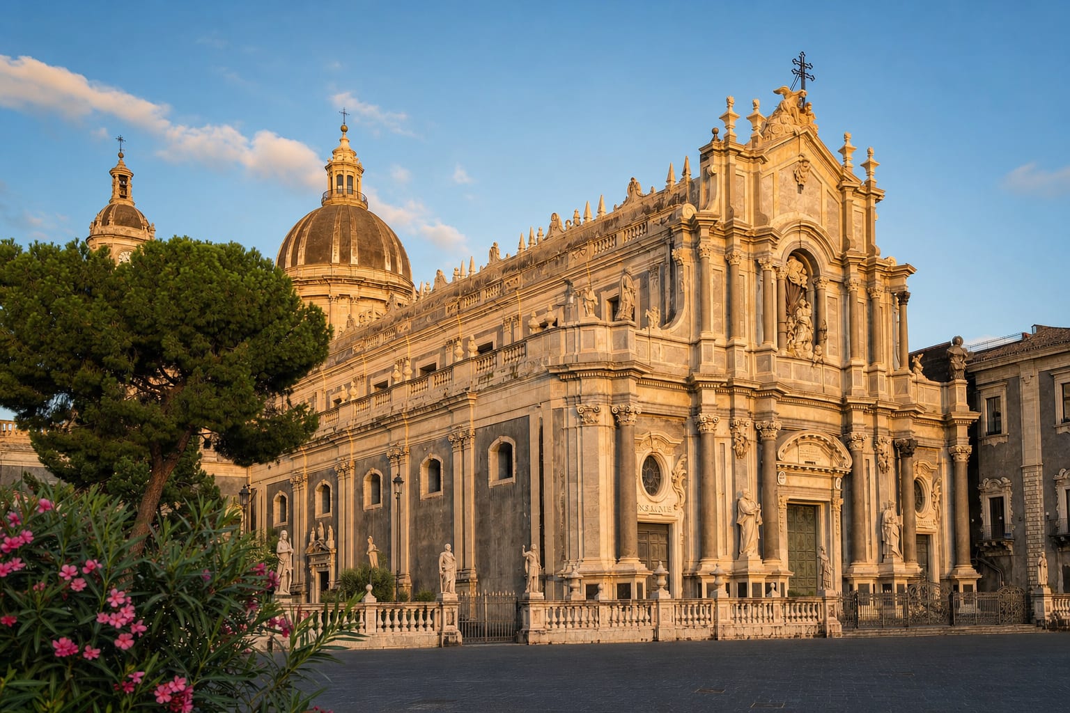 Catania Cathedral's lava-and-limestone front under Sant'Agata's dome