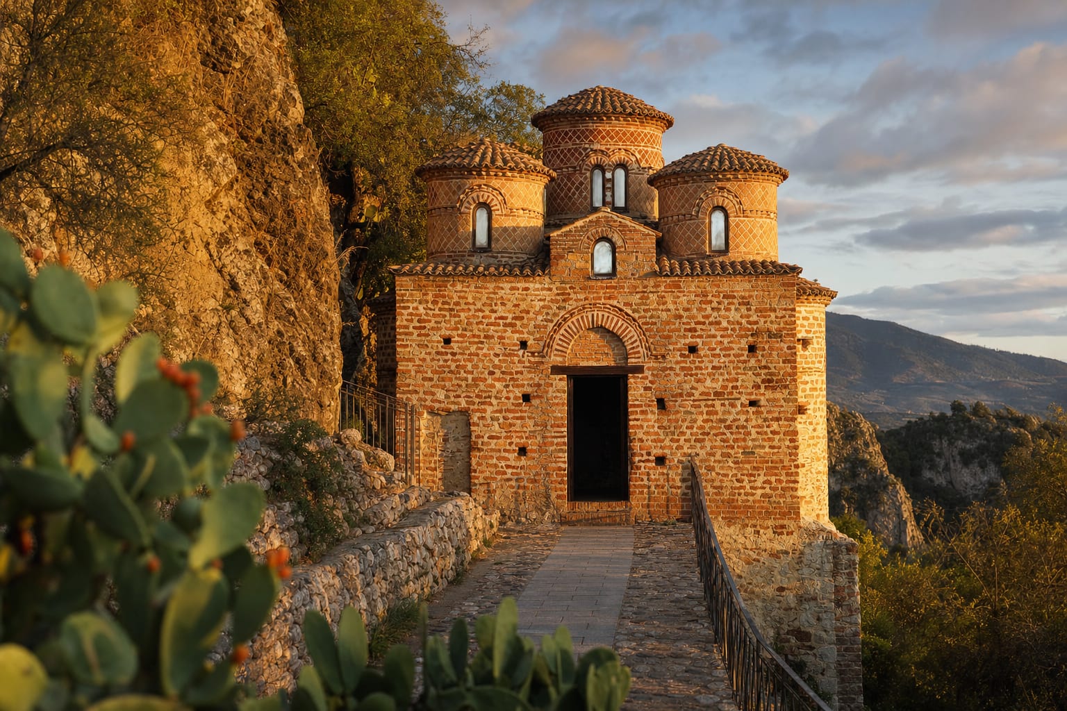 The five brick domes of the Cattolica di Stilo on its Calabrian hillside