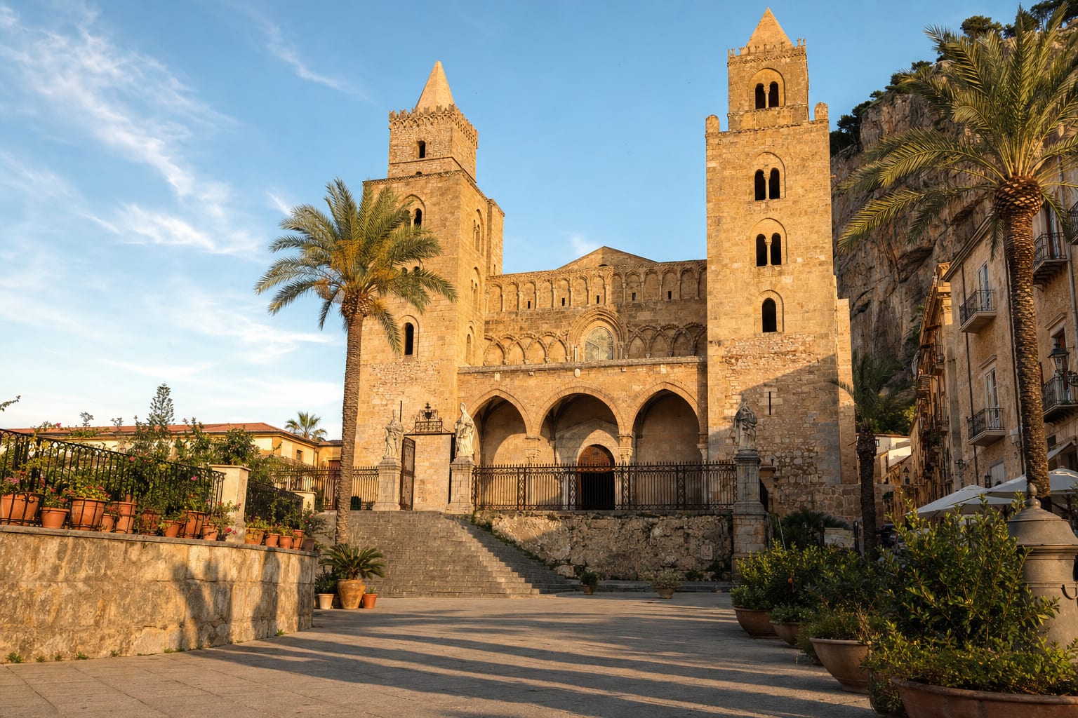 The twin fortress towers of Cefalu Cathedral above its palm piazza