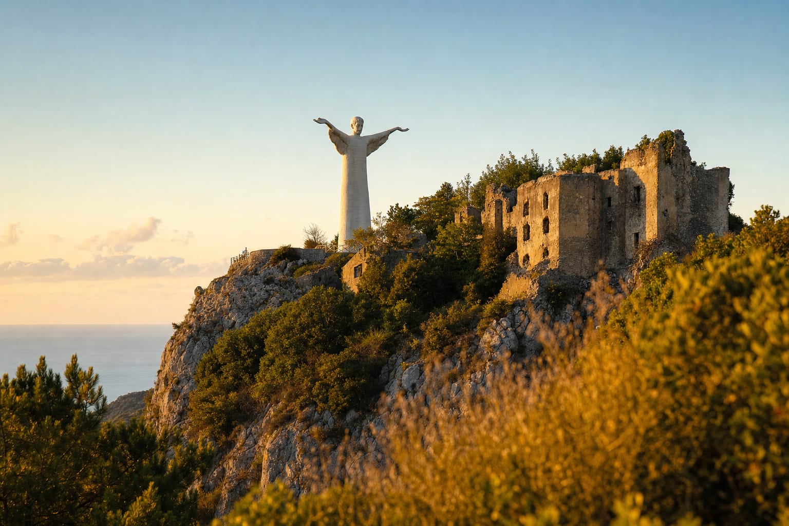 The white Christ of Maratea, arms open over the gulf of Policastro