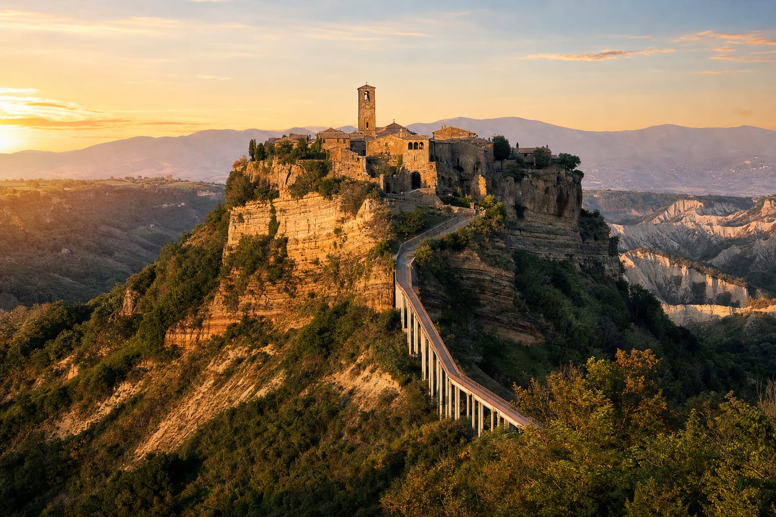 Civita di Bagnoregio on its dissolving pinnacle, footbridge below