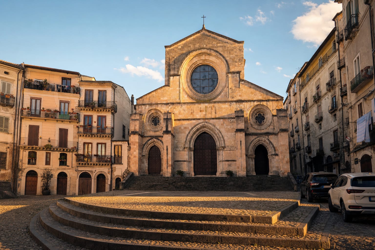 Cosenza Cathedral's gabled front above its fan of steps