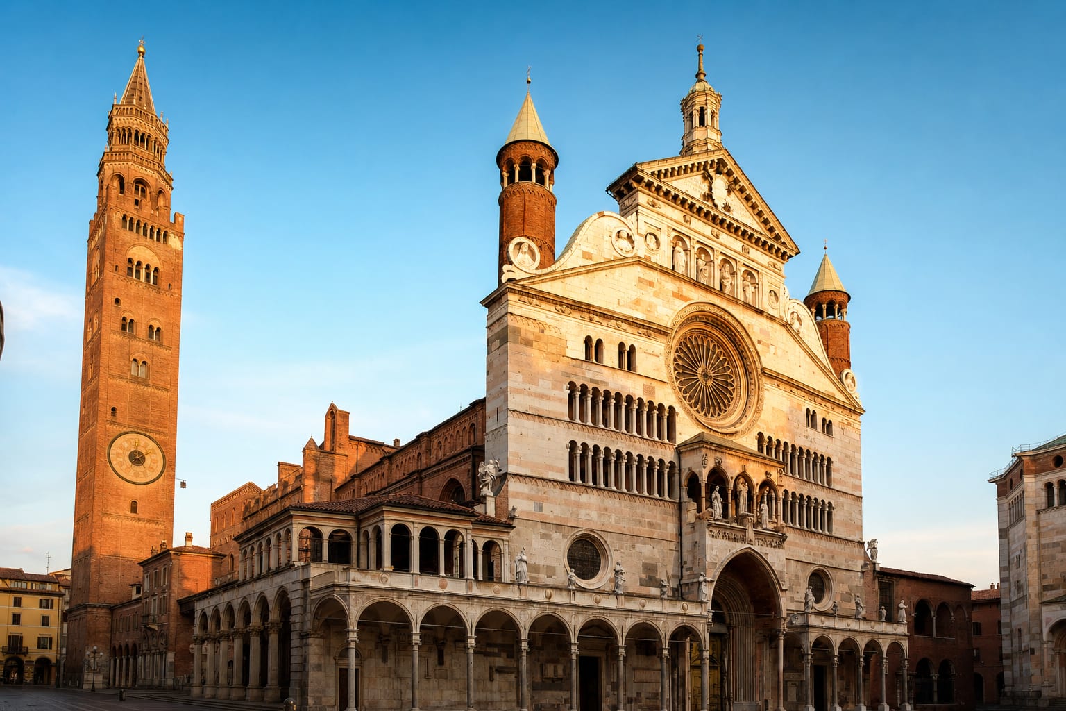 Cremona's cathedral facade beside the Torrazzo, Italy's tallest brick tower