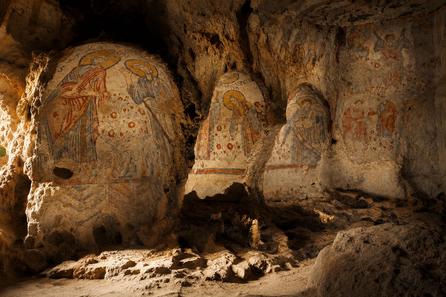 Early medieval frescoes of saints and archangels cover the rock walls of the Crypt of the Original Sin near Matera