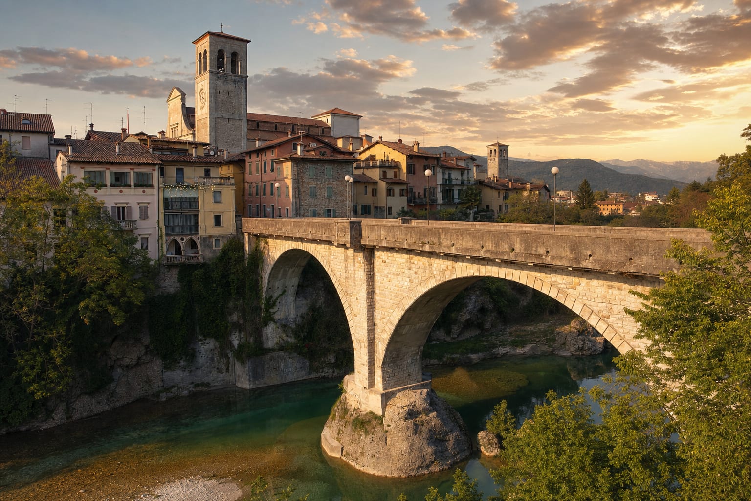 The Devil's Bridge spanning the Natisone below Cividale's towers