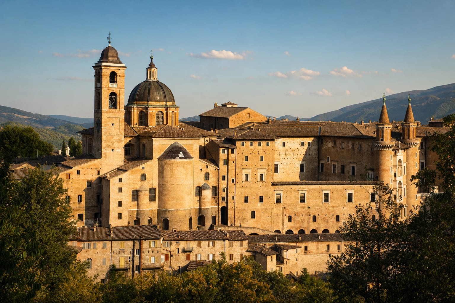 The twin torricini of the Ducal Palace rising over Urbino