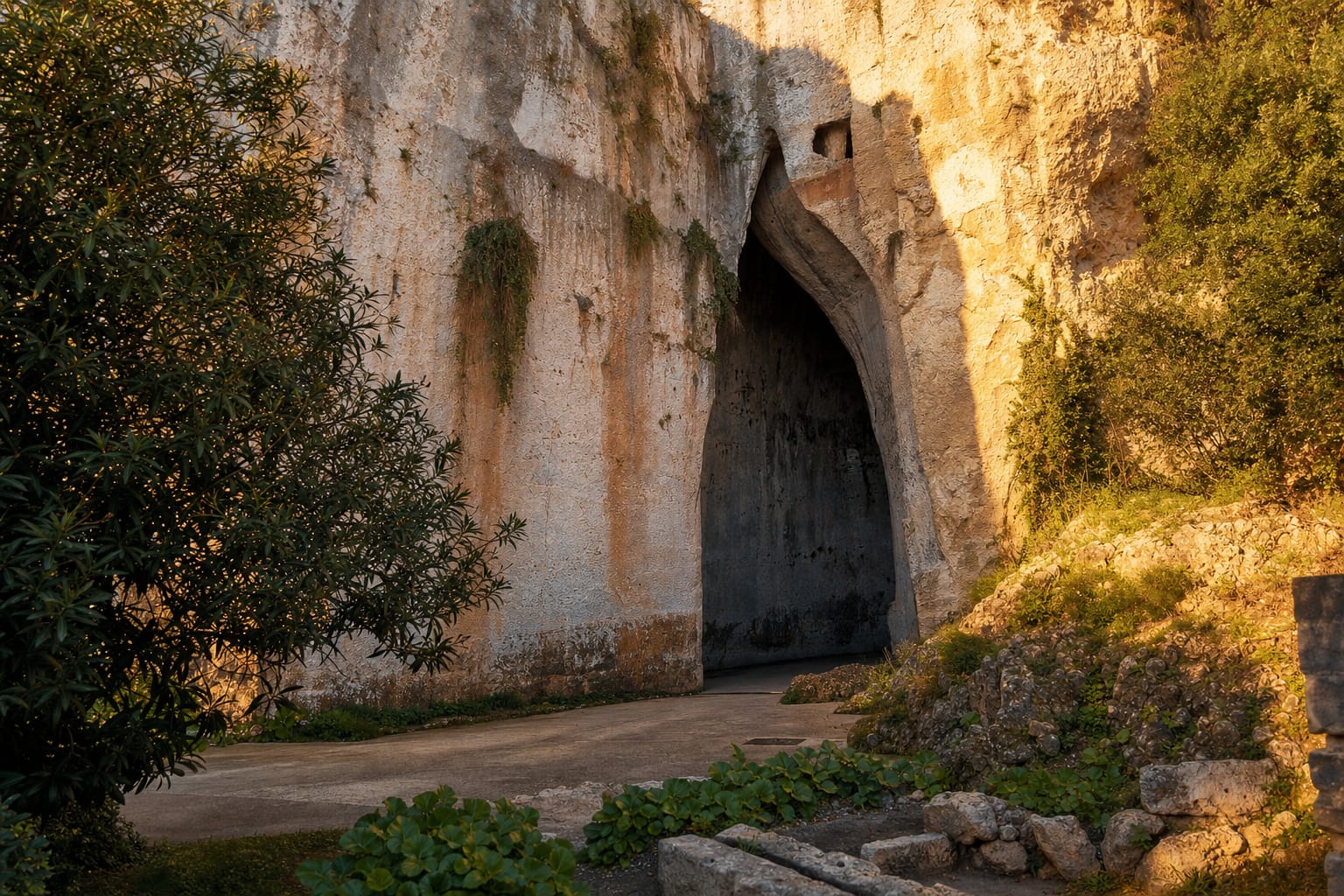 The ear-shaped mouth of the Orecchio di Dionisio quarry cave, Syracuse