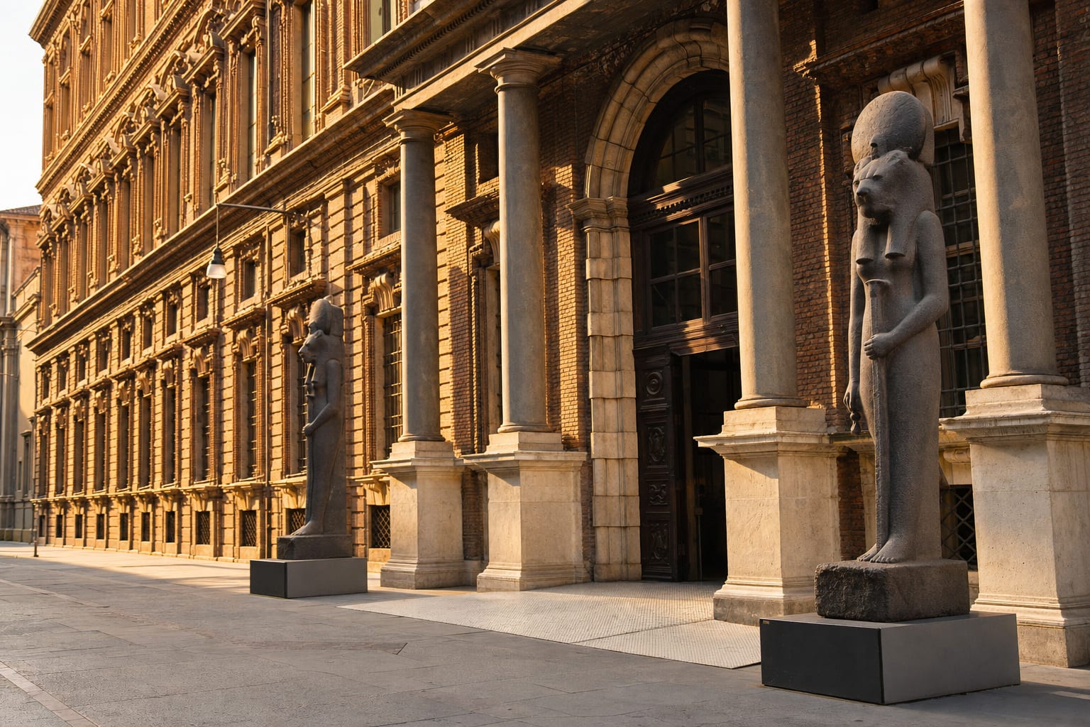 Sekhmet statues at the porticoed entrance of Turin's Egyptian Museum