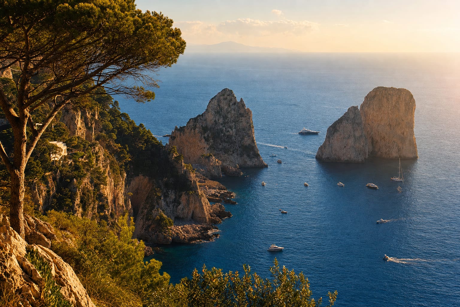 The Faraglioni rising from Capri's deep blue, pine-framed