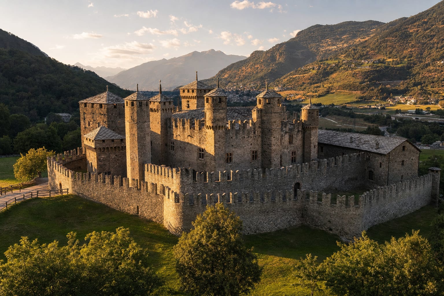 The turreted ring of Fenis Castle in the Aosta valley