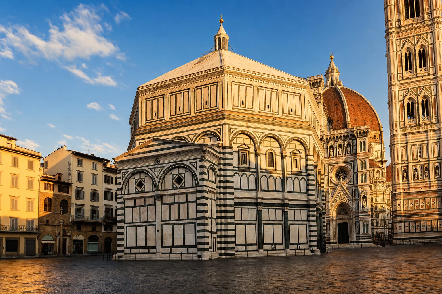 The striped octagon of the Florence Baptistery before the Duomo