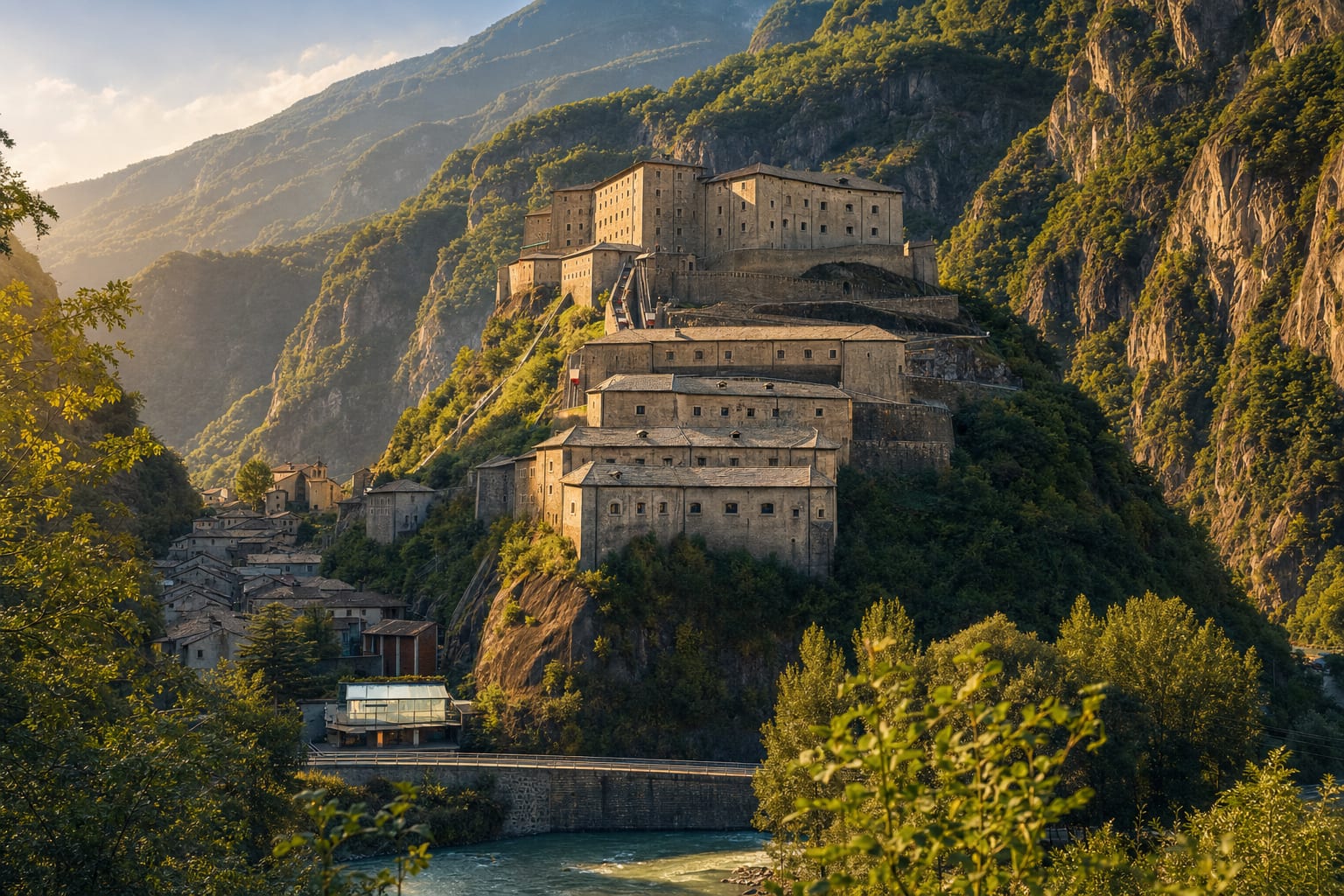 The stacked tiers of Forte di Bard guarding the Aosta valley gate