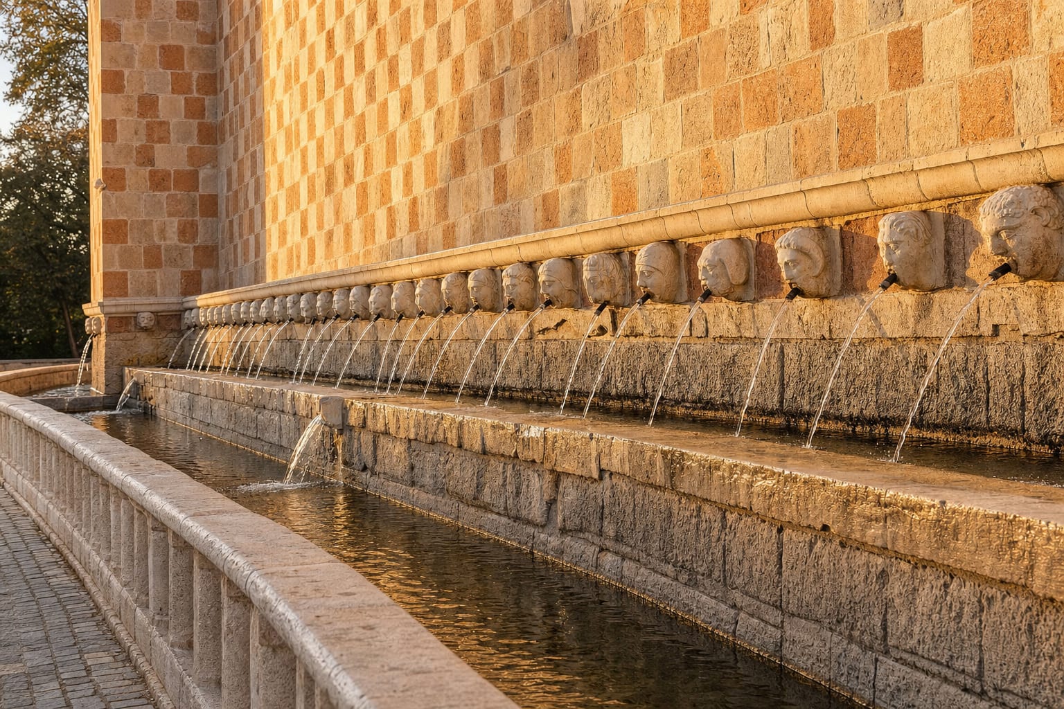 Late light raking the checkerboard wall of L'Aquila's fountain of ninety-nine spouts