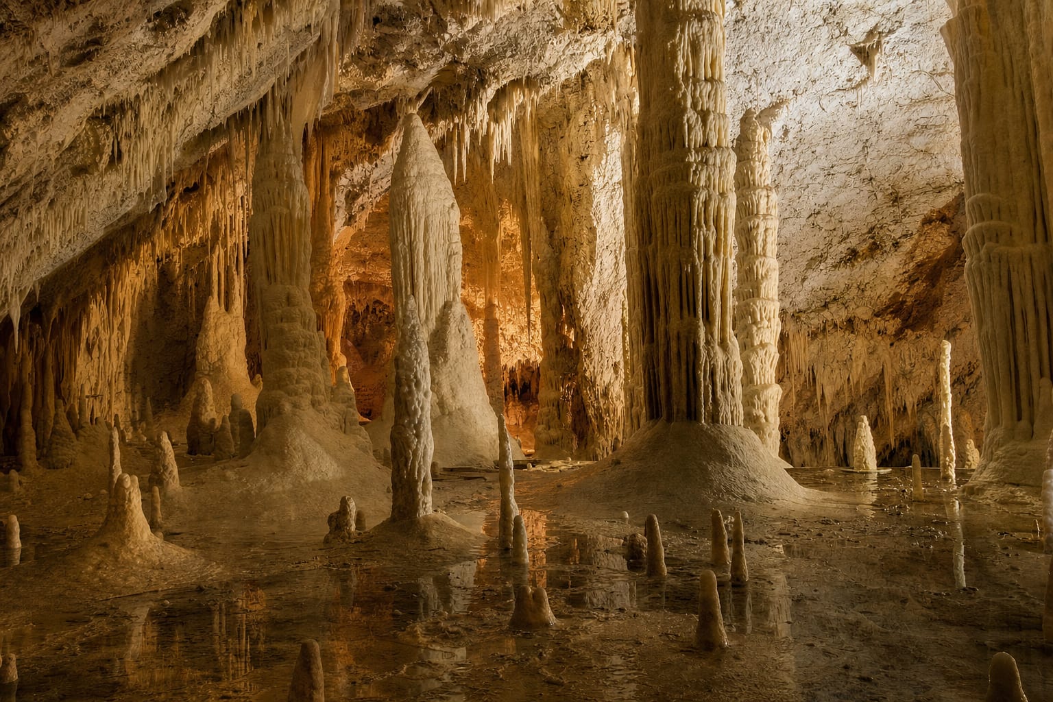 Giant stalagmites in the candle-lit halls of the Frasassi Caves