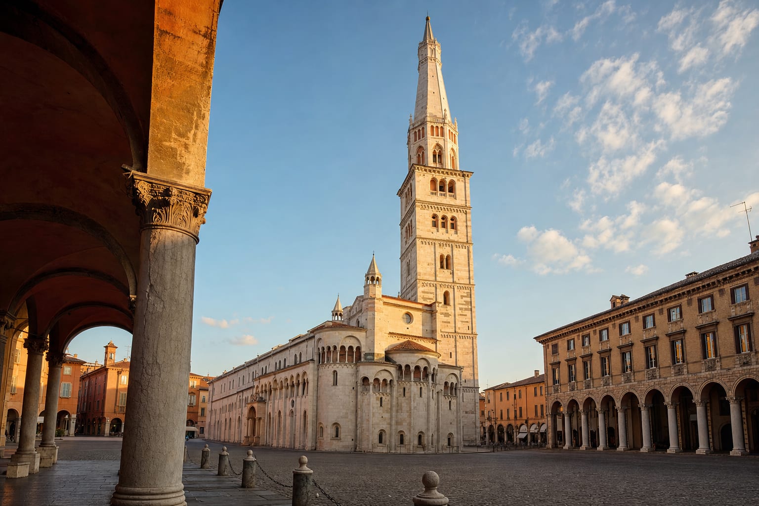 The Ghirlandina rising over Piazza Grande from the Duomo's portico, Modena