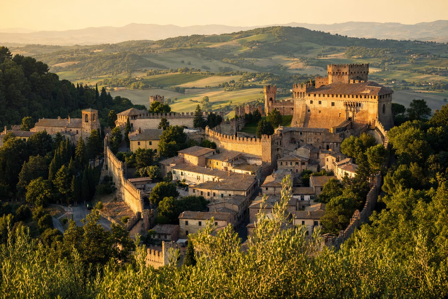 Gradara's castle and double ring of walls above the Marche hills