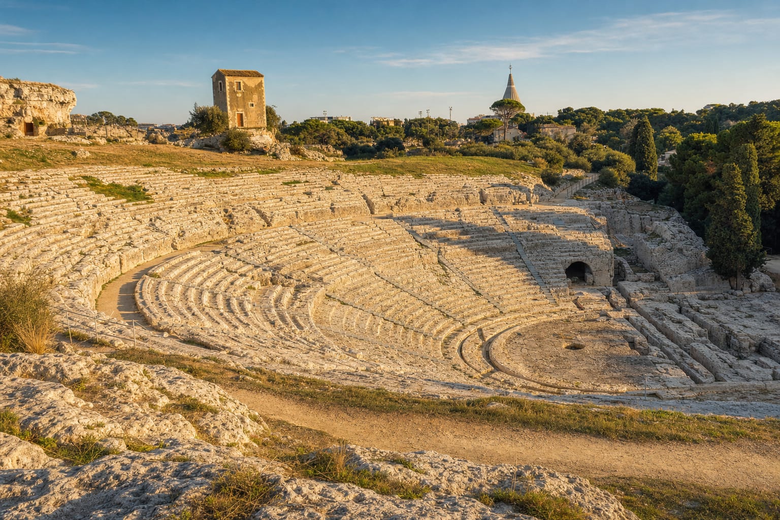 The rock-cut Greek theatre of Syracuse curving toward the sea light