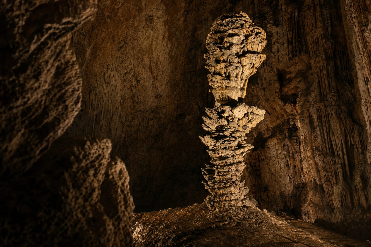 The great stalagmite in the single vast chamber of the Grotta Gigante