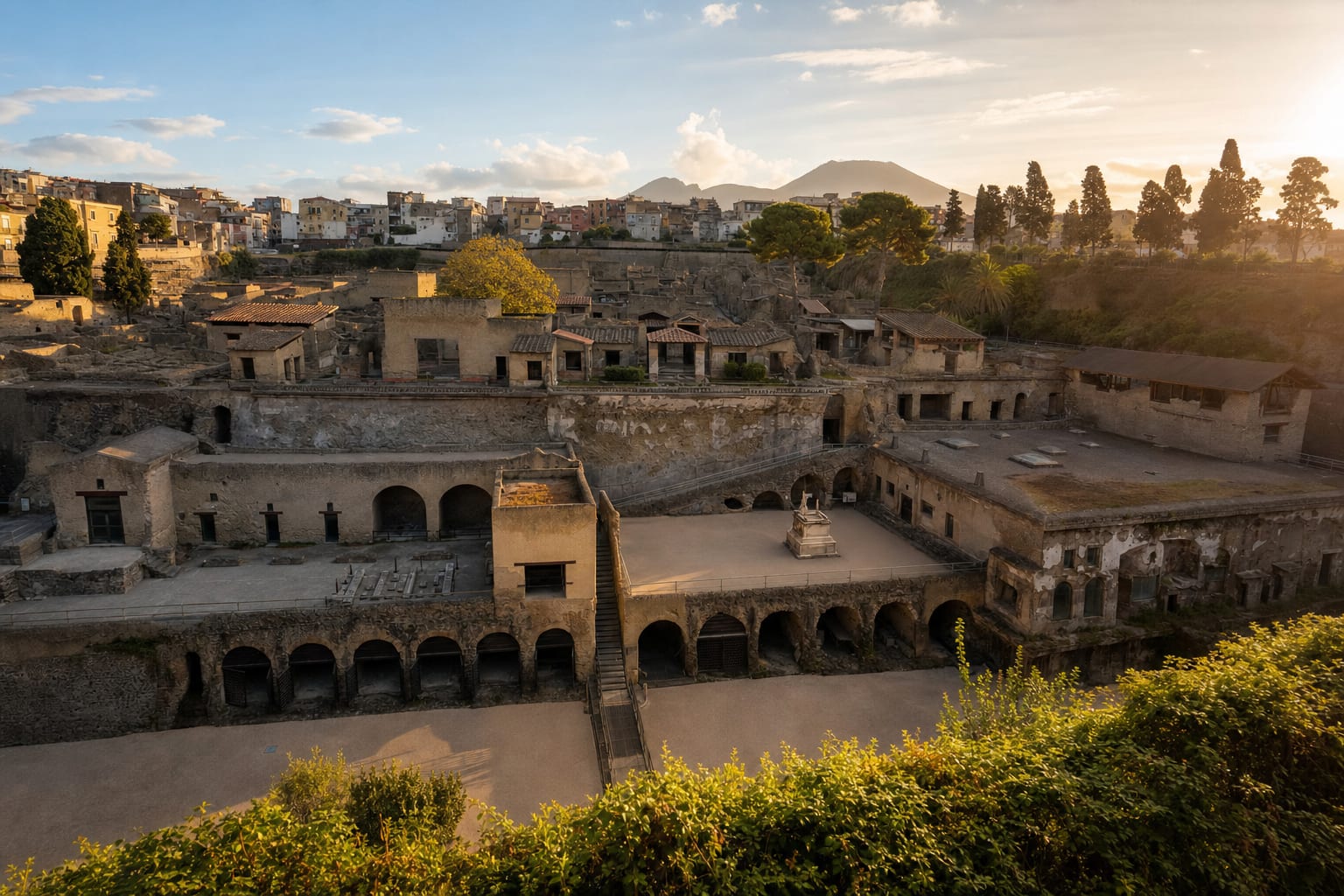 Herculaneum's excavation pit below modern Ercolano, Vesuvius beyond