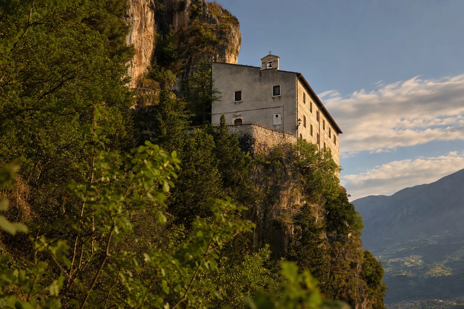 The hermitage of Sant'Onofrio clinging to the Morrone cliff above Sulmona