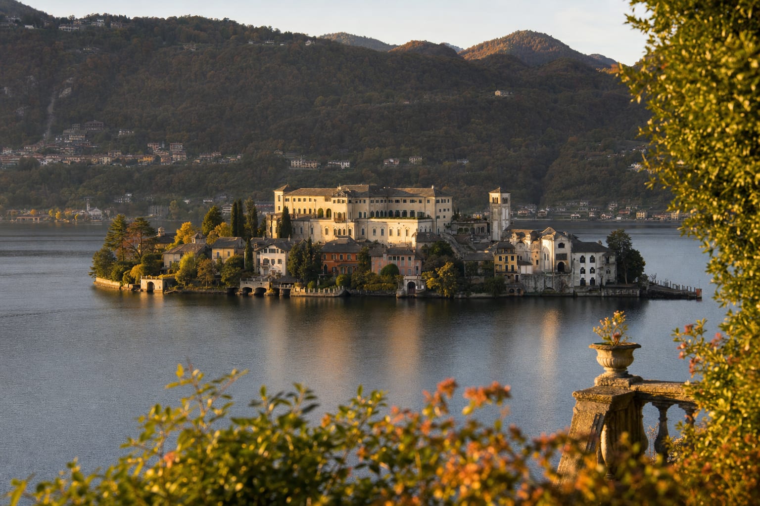 Isola San Giulio and its basilica filling the center of Lake Orta