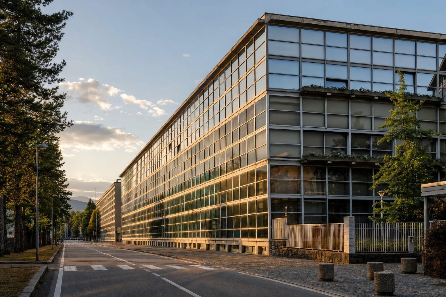 The glass ribbons of Olivetti's Officine ICO along Via Jervis, Ivrea