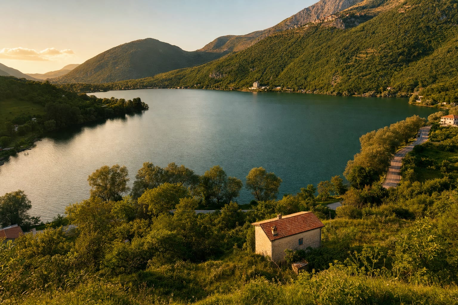 Lake Scanno cupped in the Abruzzo mountains, chapel at its shore