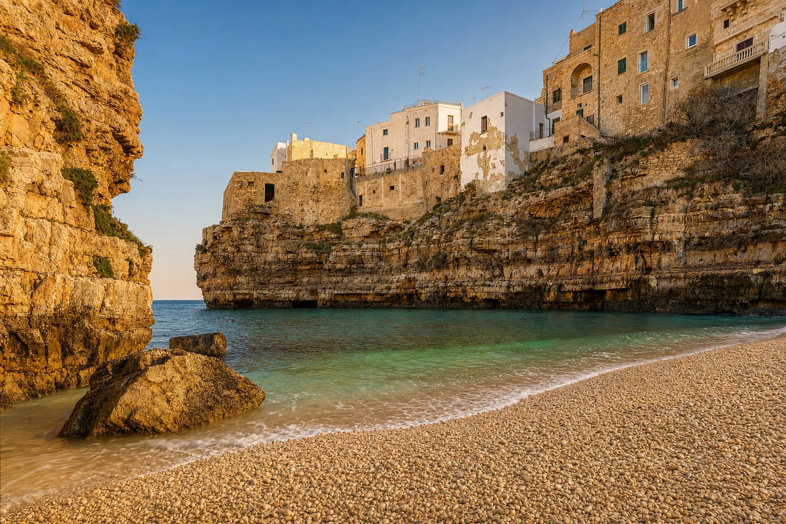 The pebble cove of Lama Monachile beneath Polignano's cliff houses