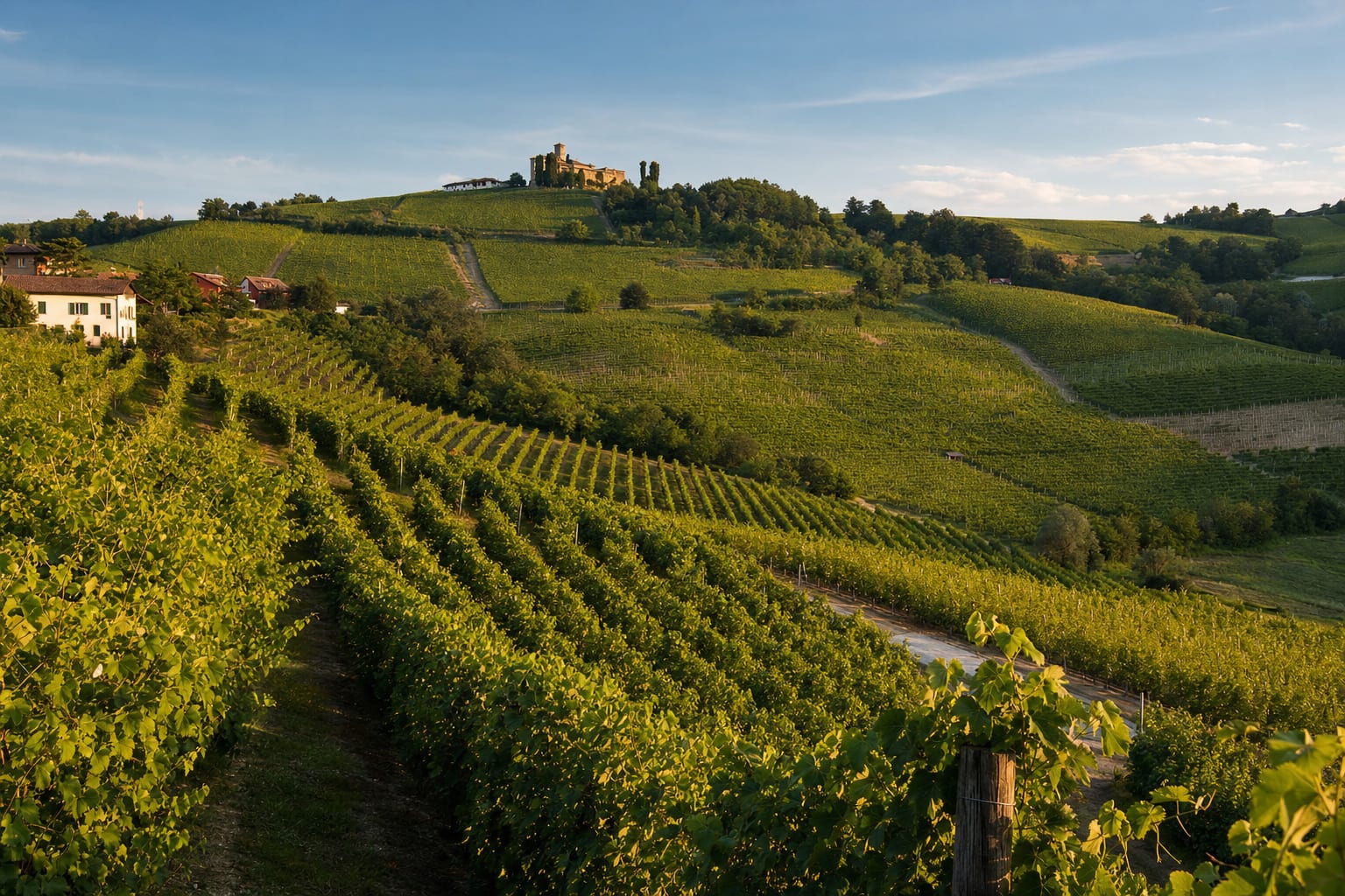 Nebbiolo vineyards rolling toward a hilltop tower in the Langhe