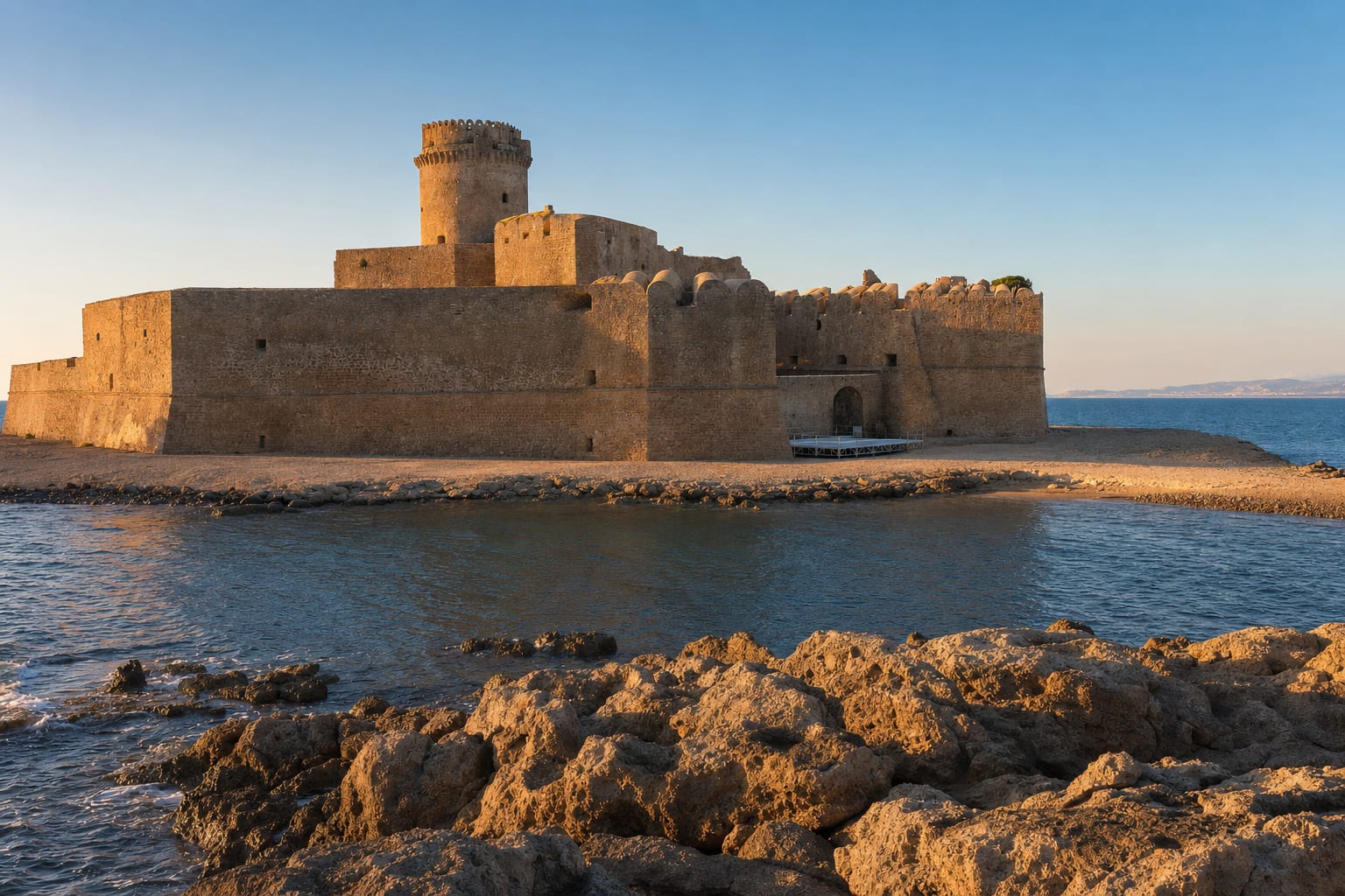 The Aragonese castle of Le Castella on its islet at dusk