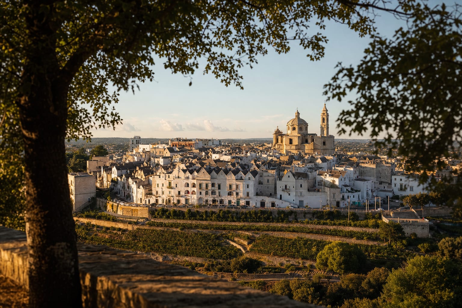 Locorotondo's white ring of houses above the Itria valley vines