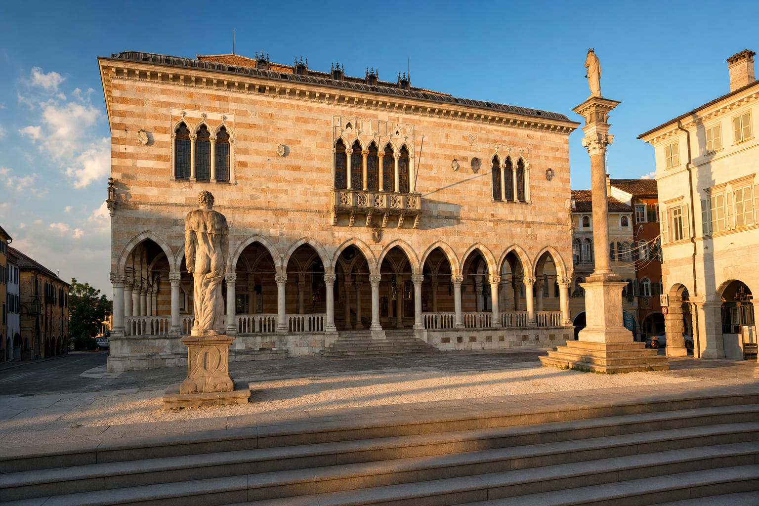 The pink Venetian Gothic loggia of the Lionello, Udine's town hall