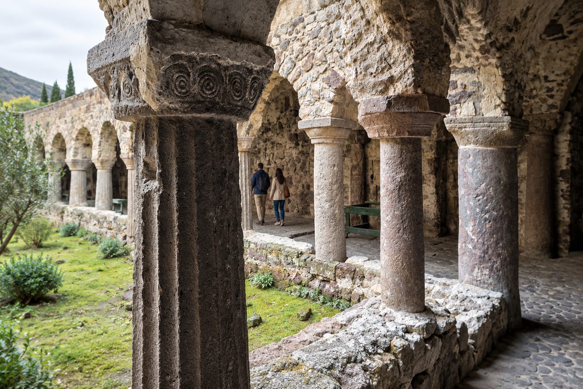 The Norman cloister of Lipari with reused columns of different stones