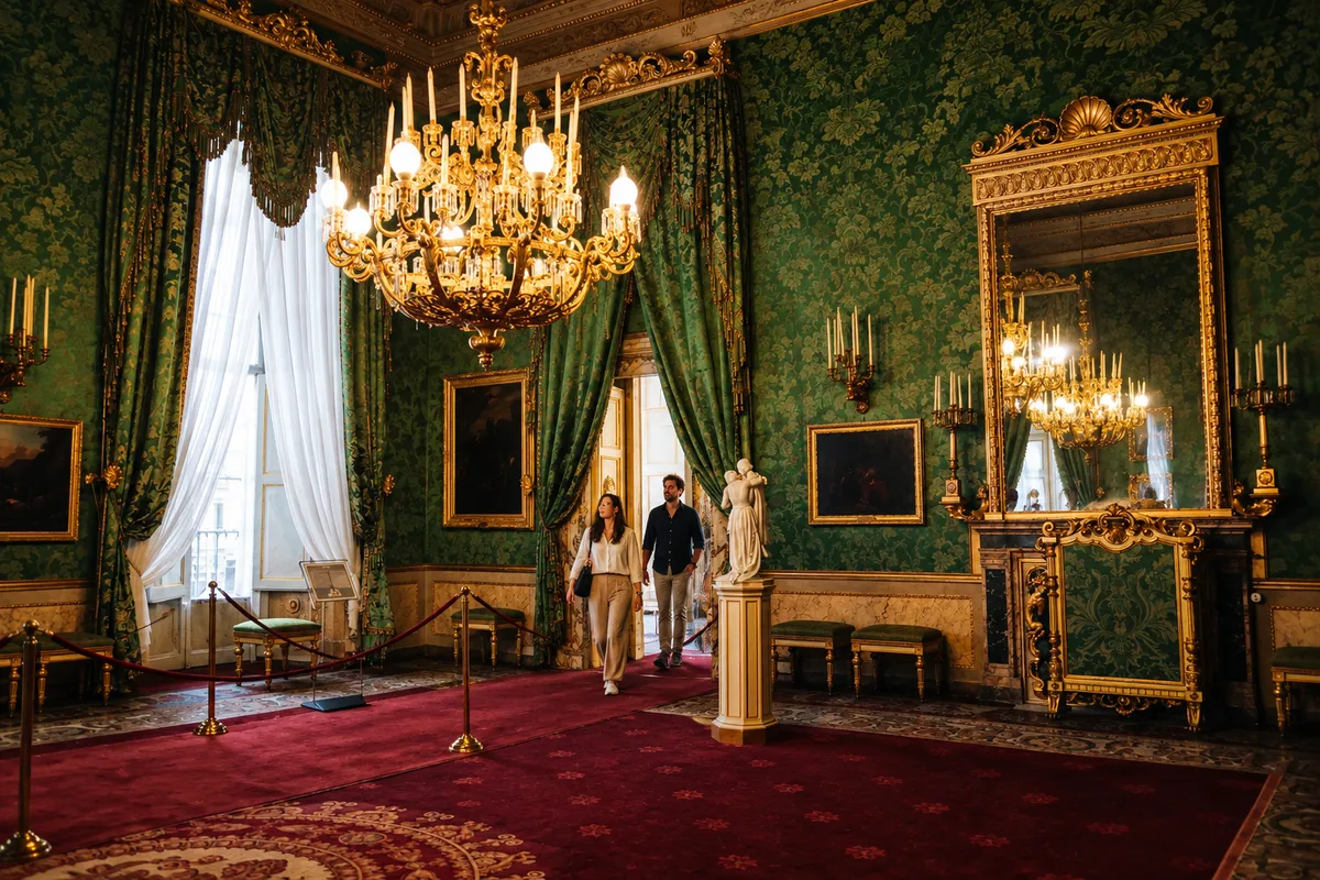 Il Salone Verde: Rivestimenti verdi, uno specchio dorato e un lampadario nel Salone Verde di Palazzo Pitti.