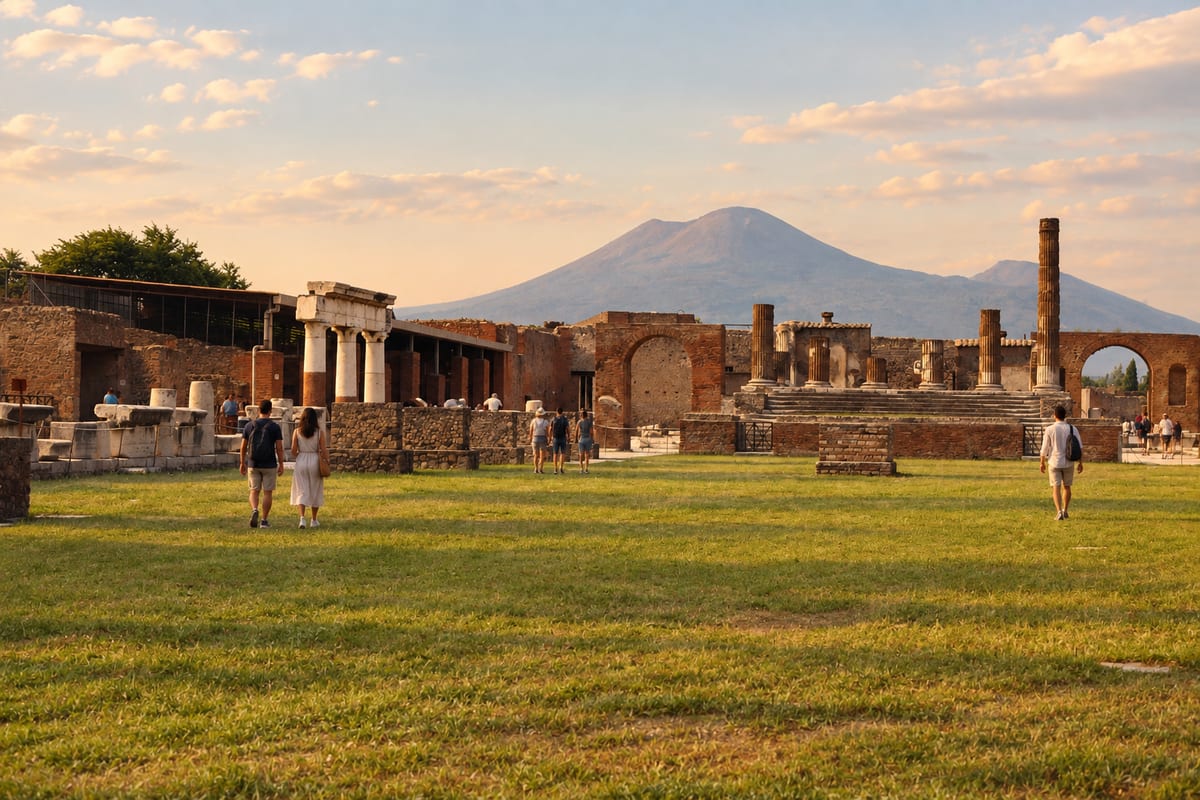 The Forum of Pompeii with broken colonnades and Vesuvius on the horizon