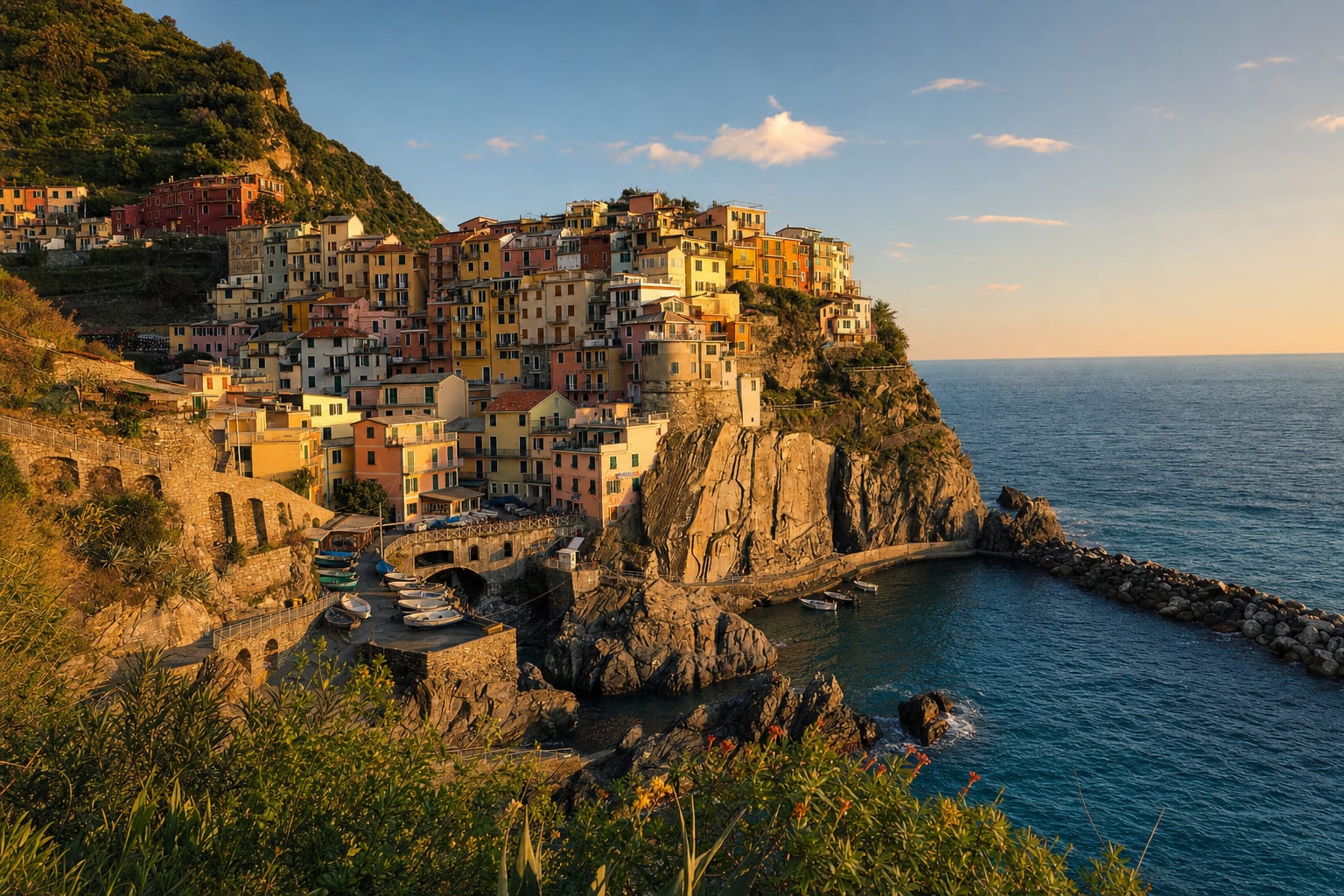 Manarola's tower houses above the slipway cove at sunset, Cinque Terre