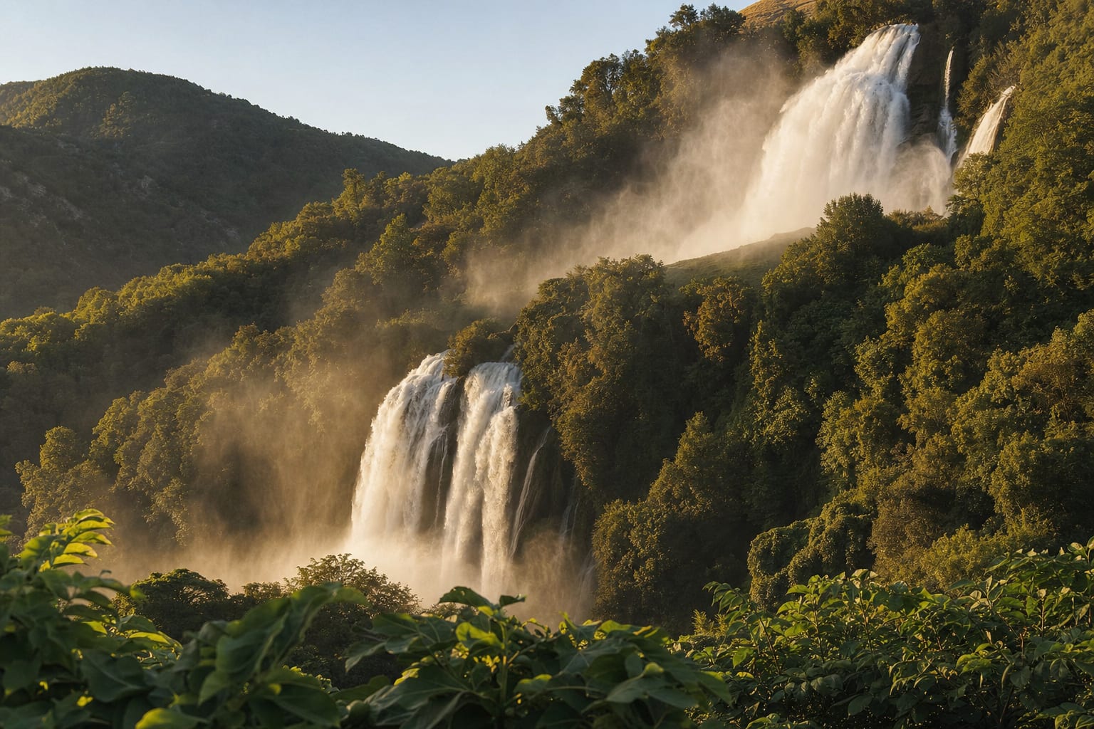 The Marmore Falls plunging in three tiers through the Nera woods