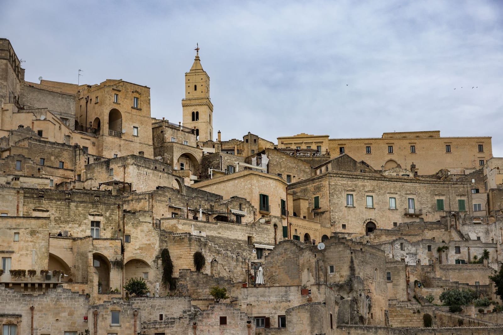 Matera Cathedral's campanile rising from the Civita above the Sassi