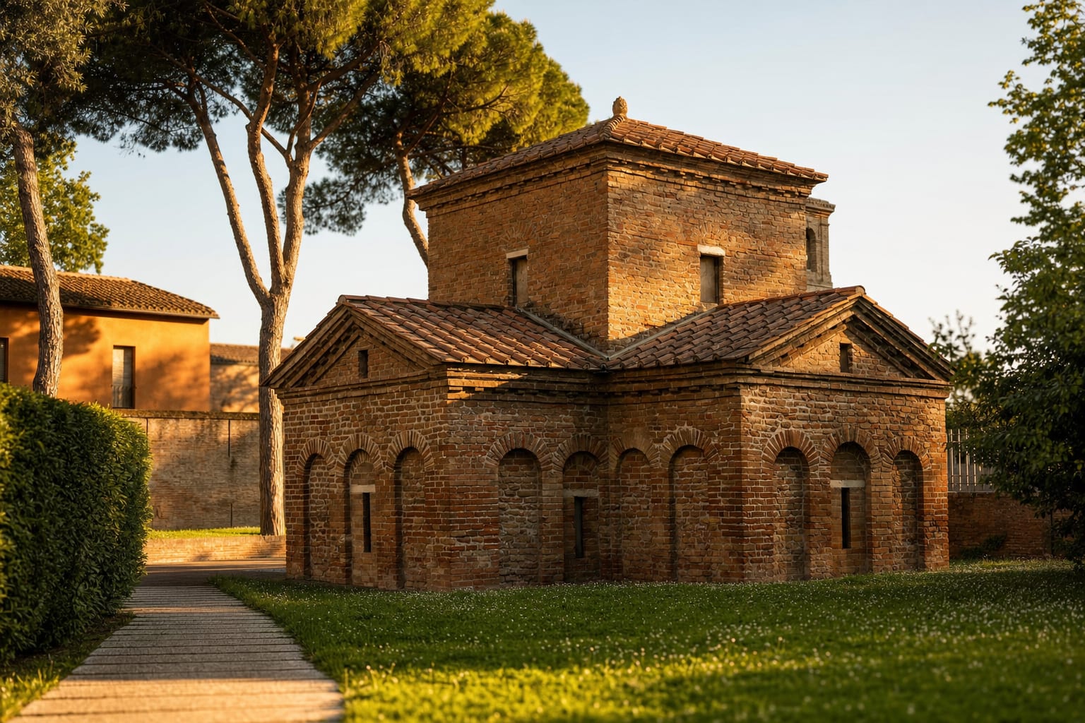 The plain brick shell of Galla Placidia's mausoleum under Ravenna pines
