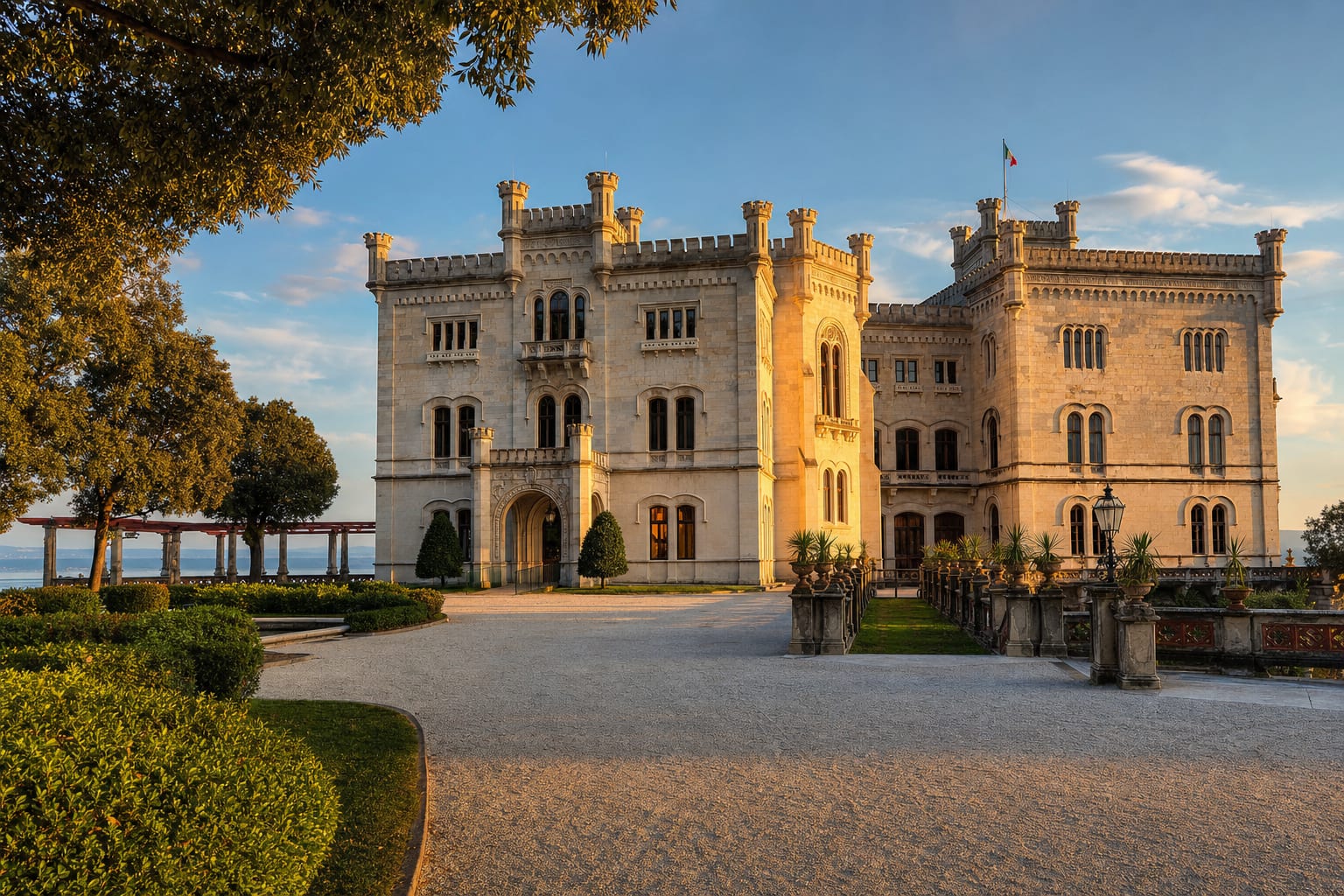 Miramare's white castle on its promontory garden over the Gulf of Trieste