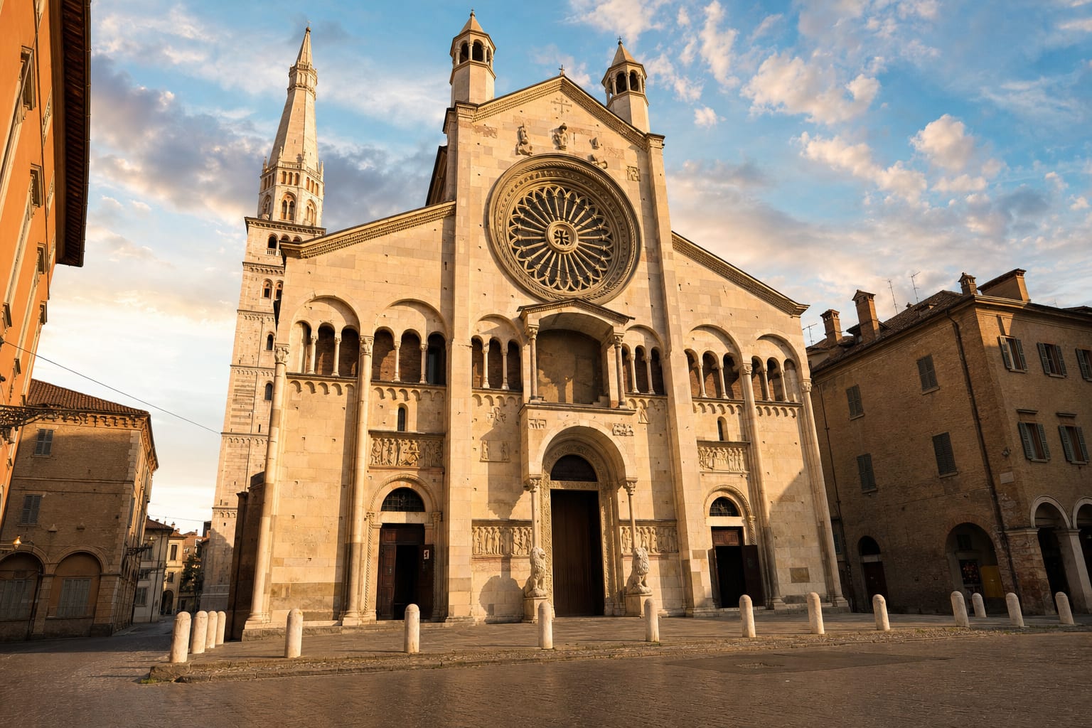 Modena Cathedral's Romanesque facade with the Ghirlandina behind
