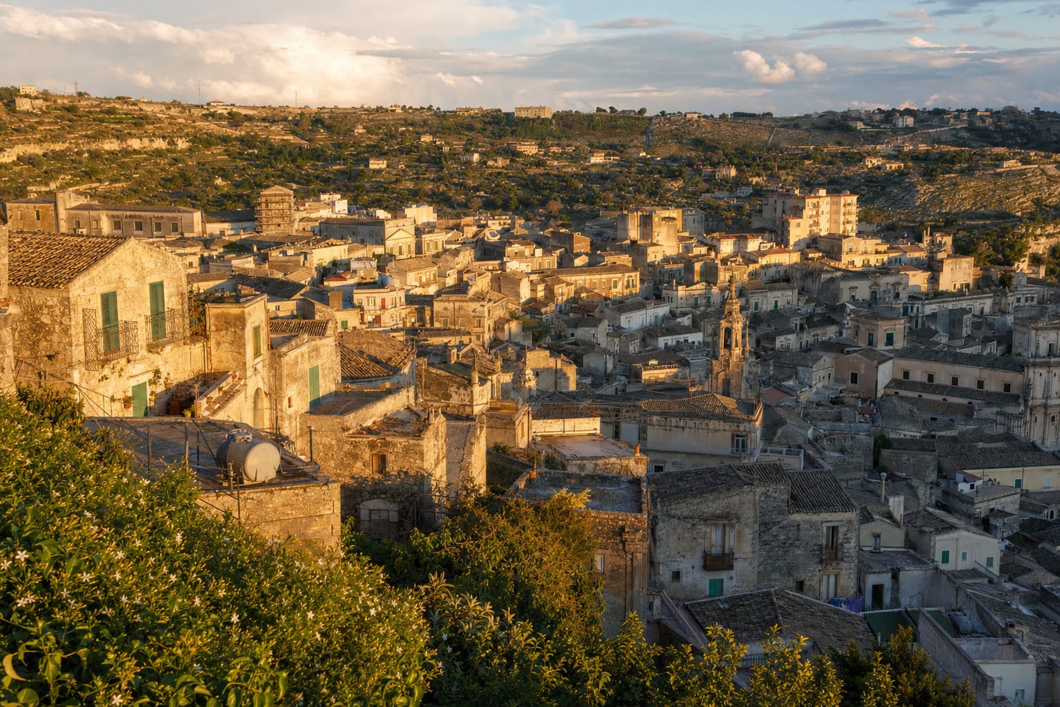 Modica's Baroque houses stacked up its gorge at golden hour