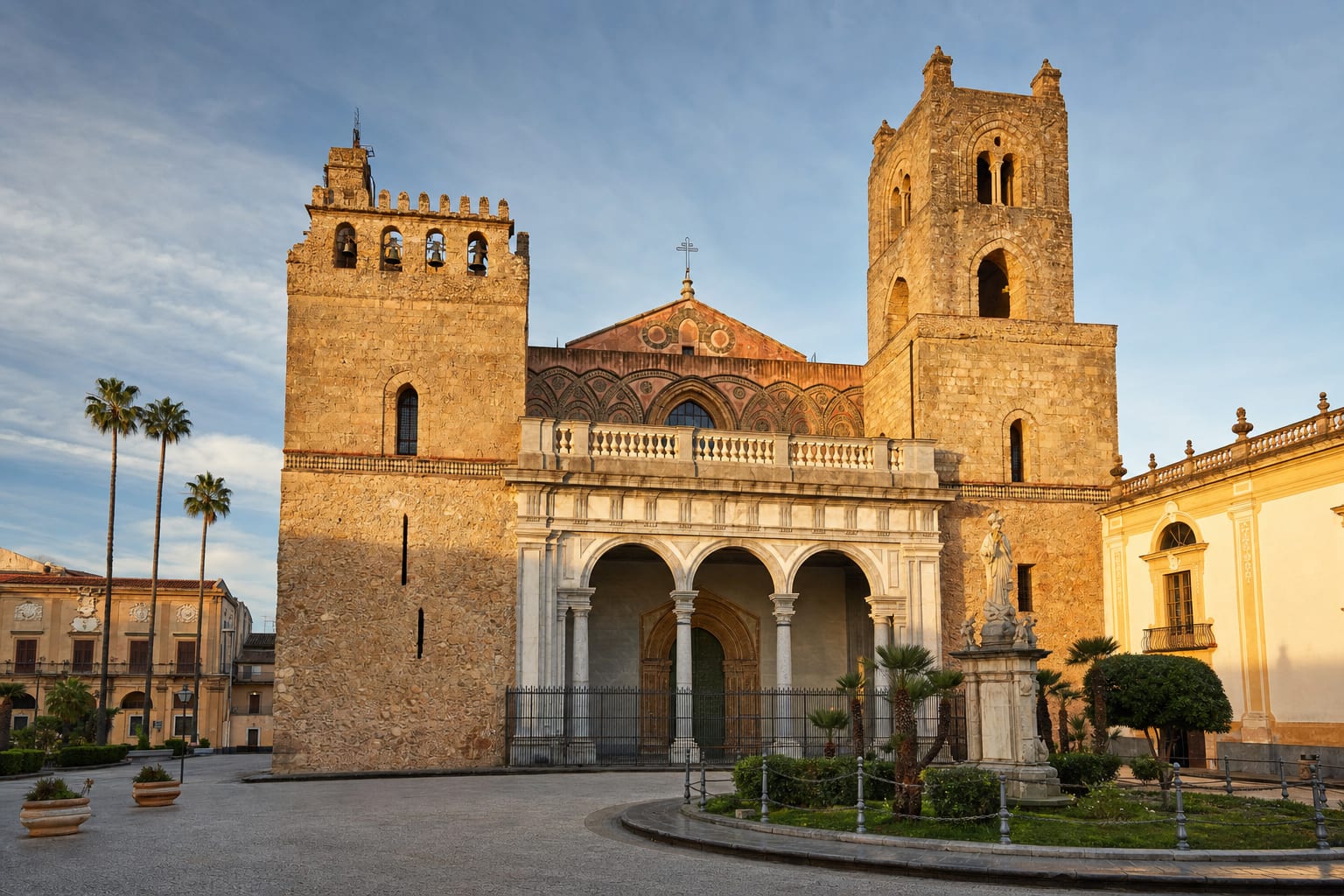 Monreale Cathedral's towers and porch above its Sicilian piazza