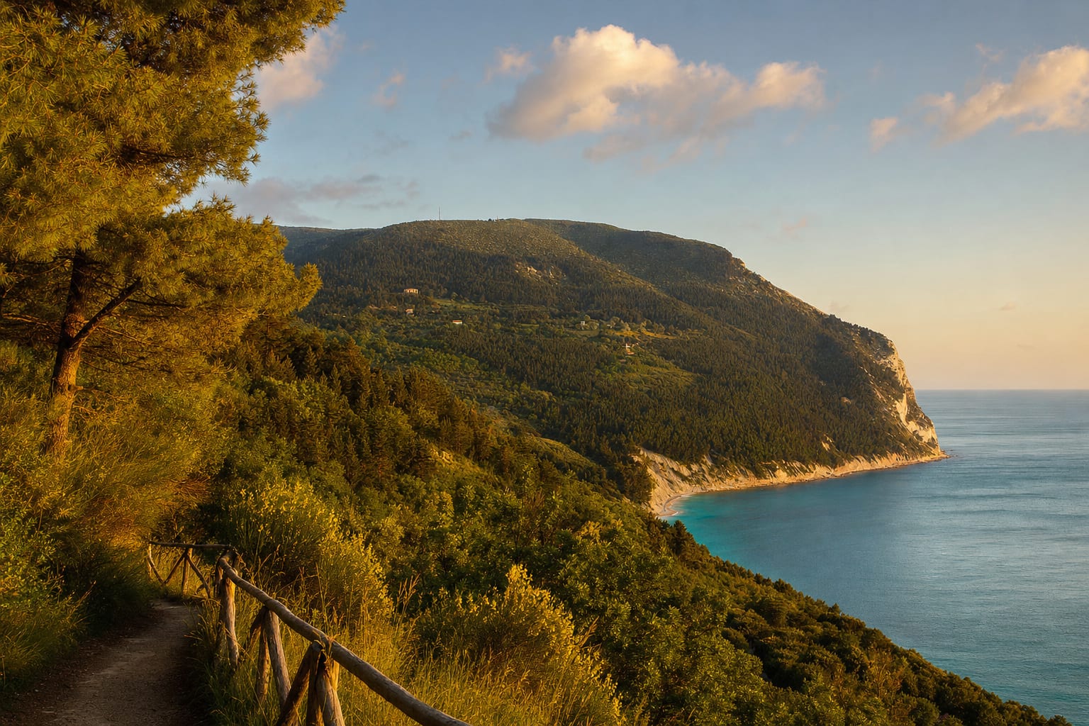 Monte Conero's wooded headland dropping white cliffs to the Adriatic