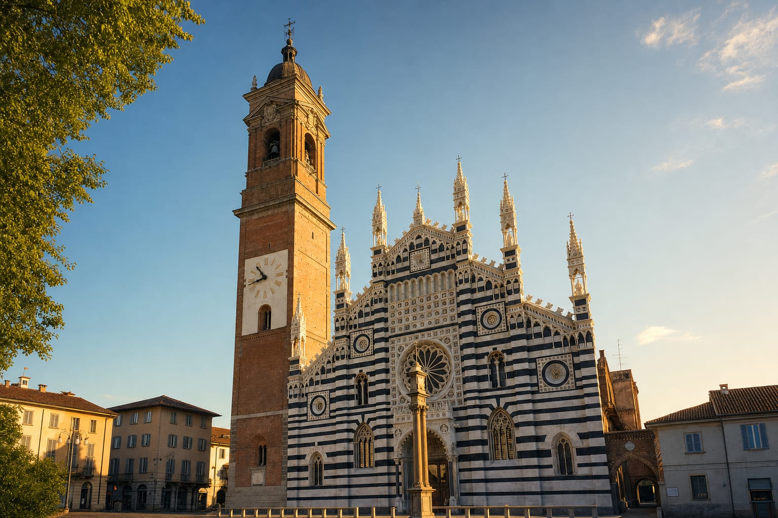 The striped front and tall campanile of Monza Cathedral