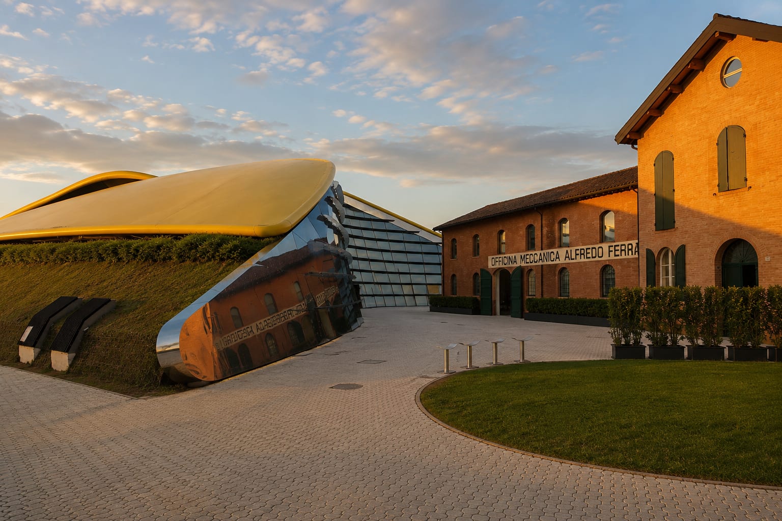 Sunset over the Museo Enzo Ferrari in Modena, its yellow aluminium pavilion curving beside the brick workshop of Alfredo Ferrari